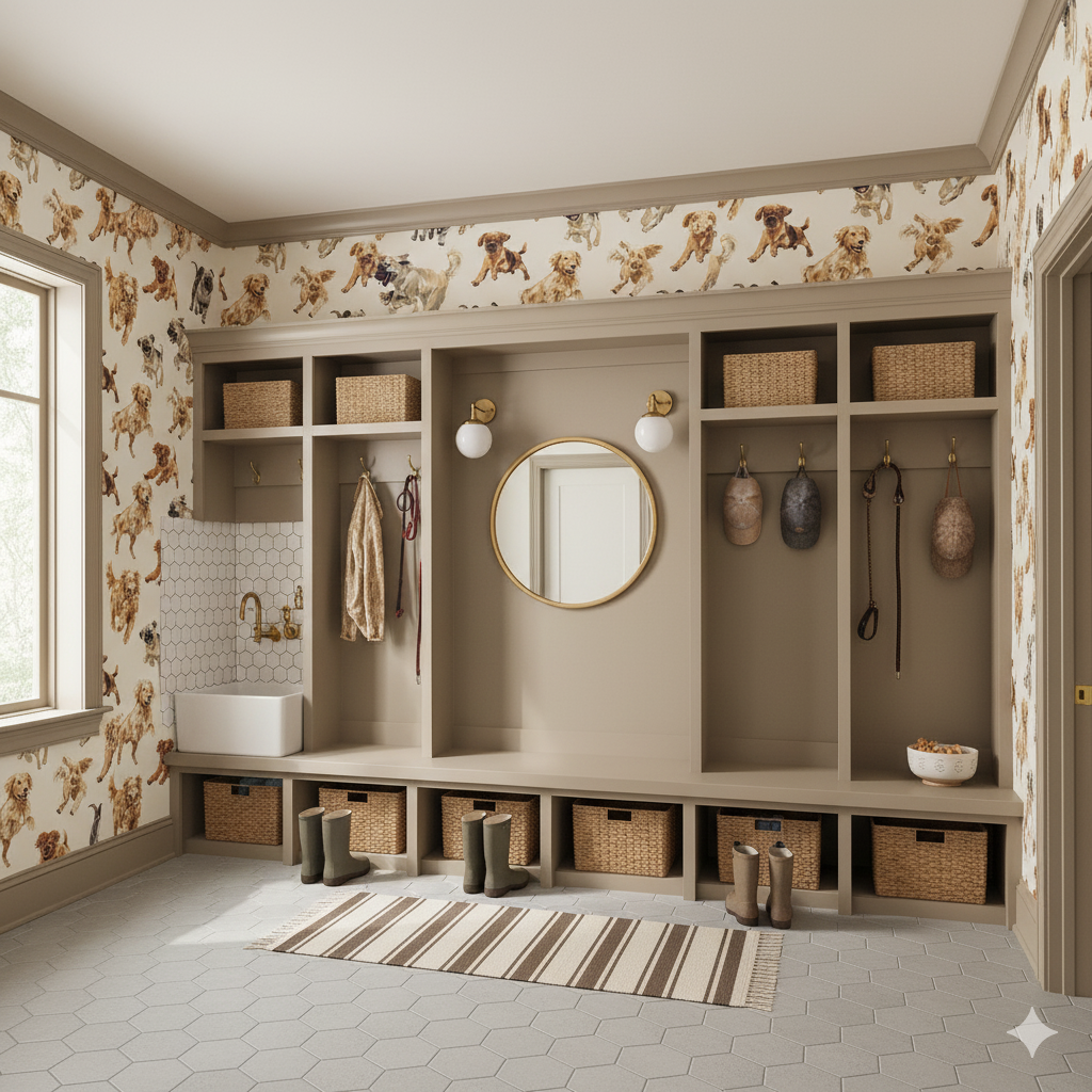 Happy Hour Hounds Wallpaper with golden retriever pattern, covering the walls in a mudroom.
