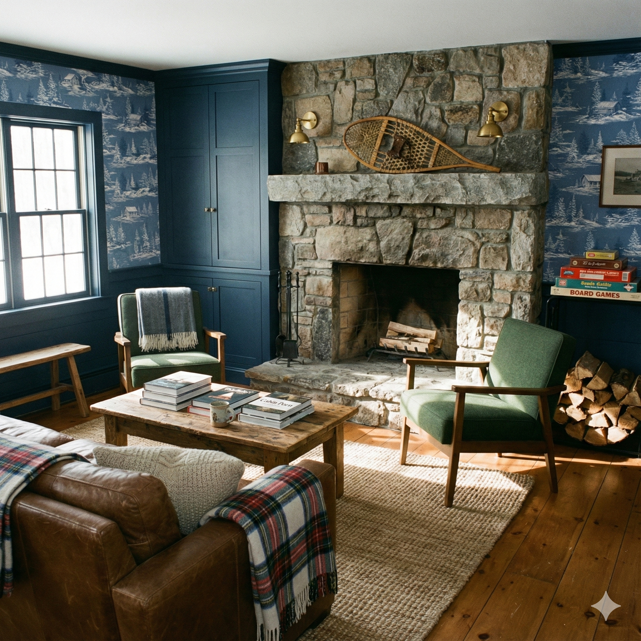 Blue Tundra Pinescape Wallpaper with repeating cabin pattern on the wall.