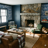 Blue Tundra Pinescape Wallpaper with repeating cabin pattern on the wall.