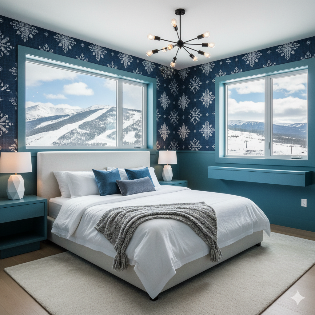 Nordic Hearth wallpaper with blue snowflake pattern, covering a bedroom wall next to snowy mountain views.
