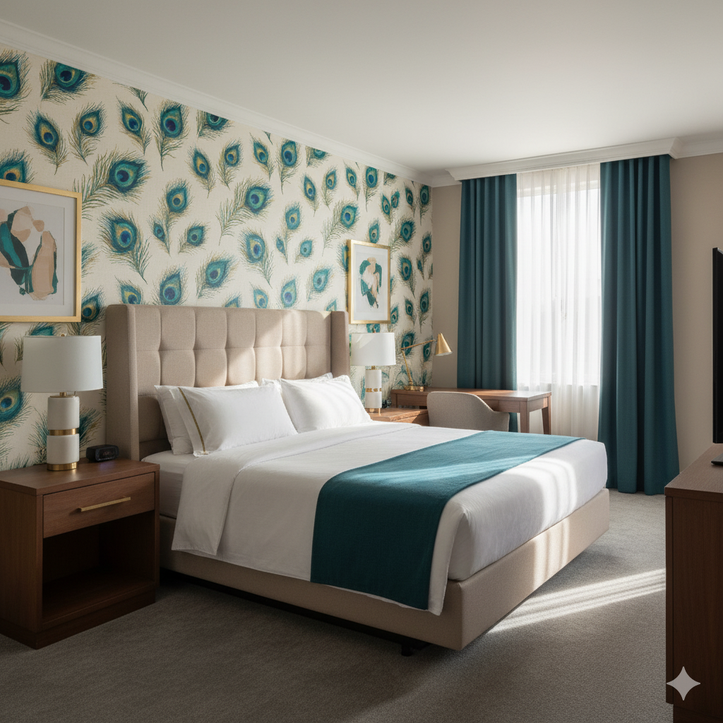 Peacock feather Aurum Plume Wallpaper with gold framed art and teal curtains.