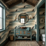Highland Aerie wallpaper with flying eagle design, over a mountainous landscape pattern.
