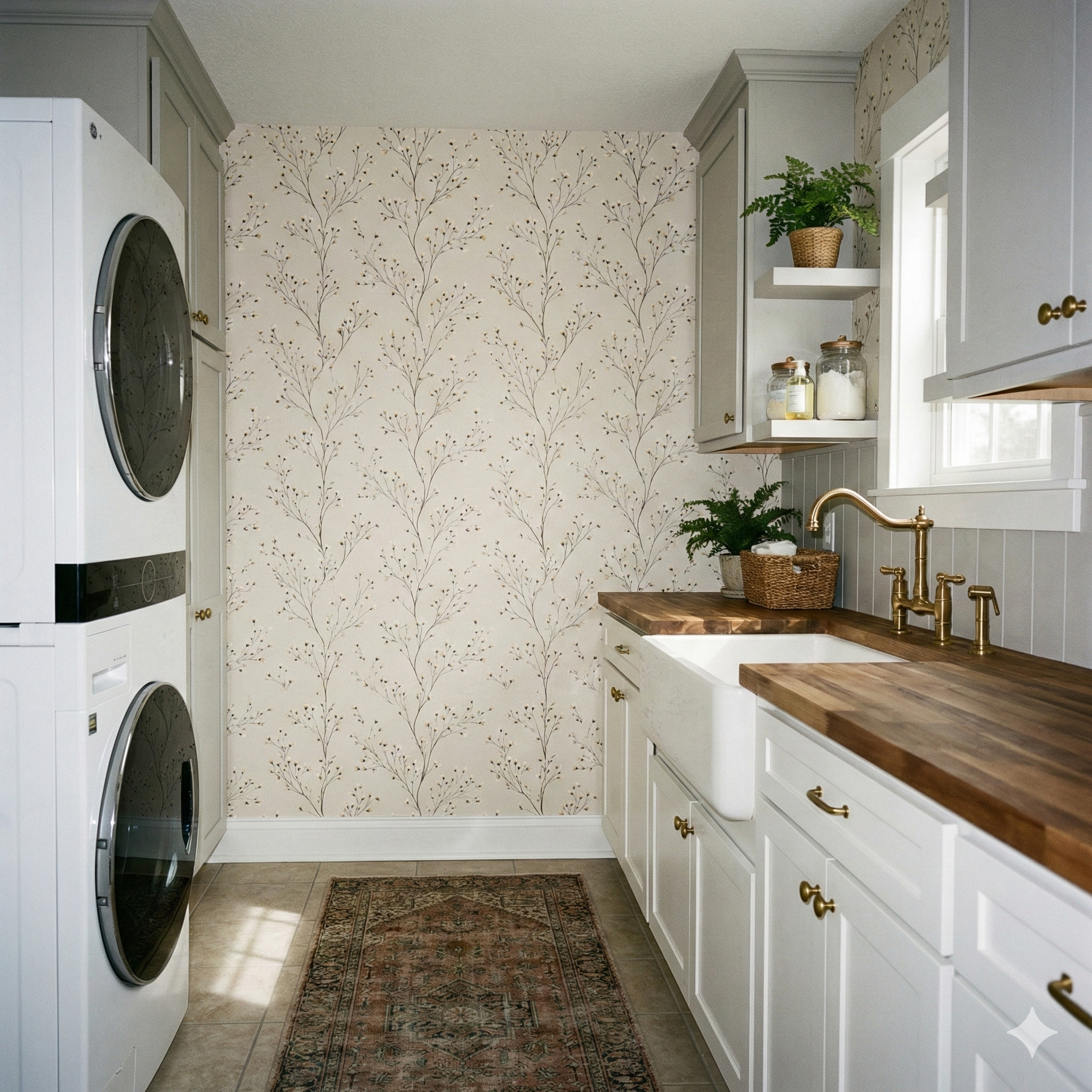 Lenore Field Wallpaper with a floral branch pattern on a neutral background.