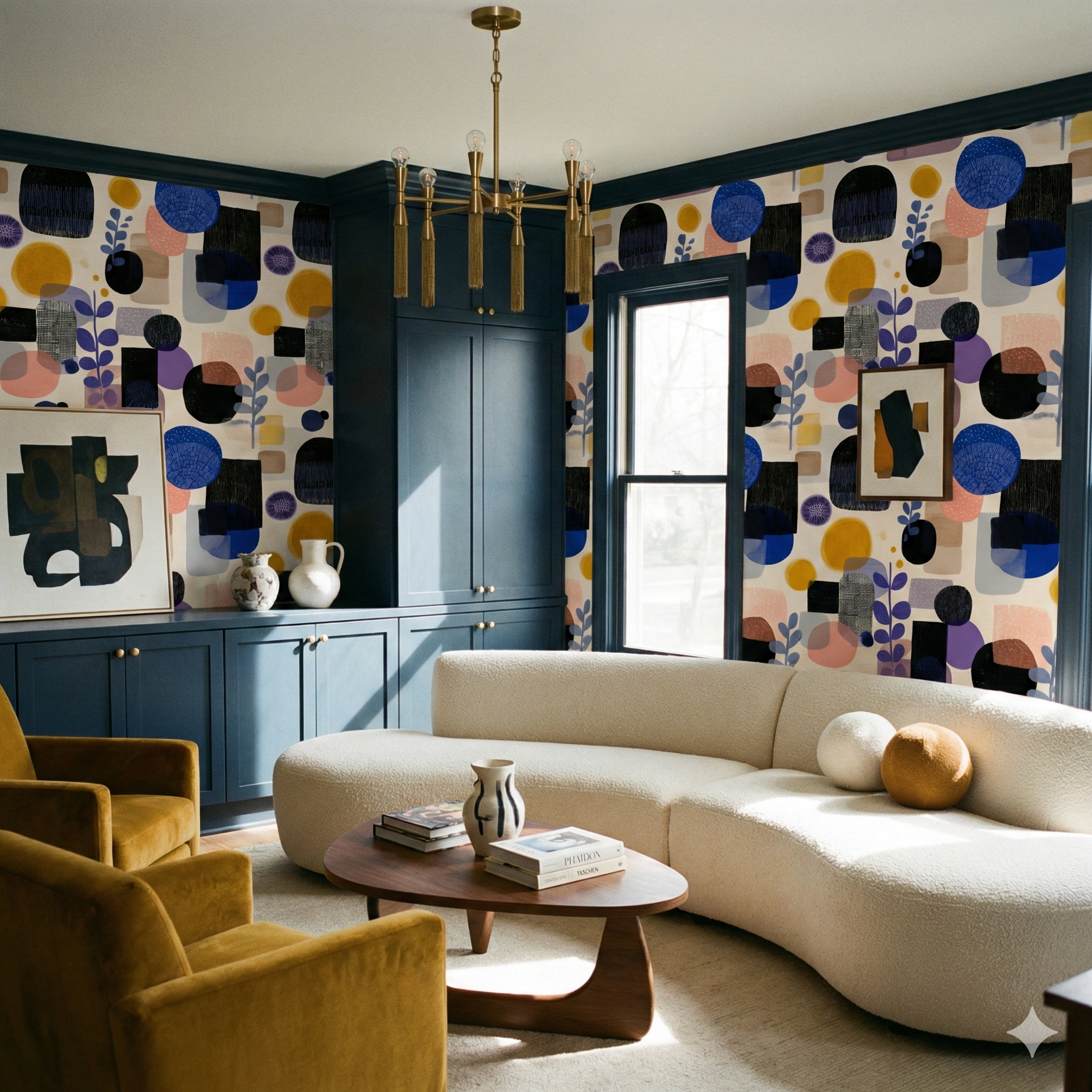 Colorful geometric pattern wallpaper with floral accents on textured wall.