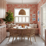 Palm wallpaper with a coral and white leaf pattern covering the walls