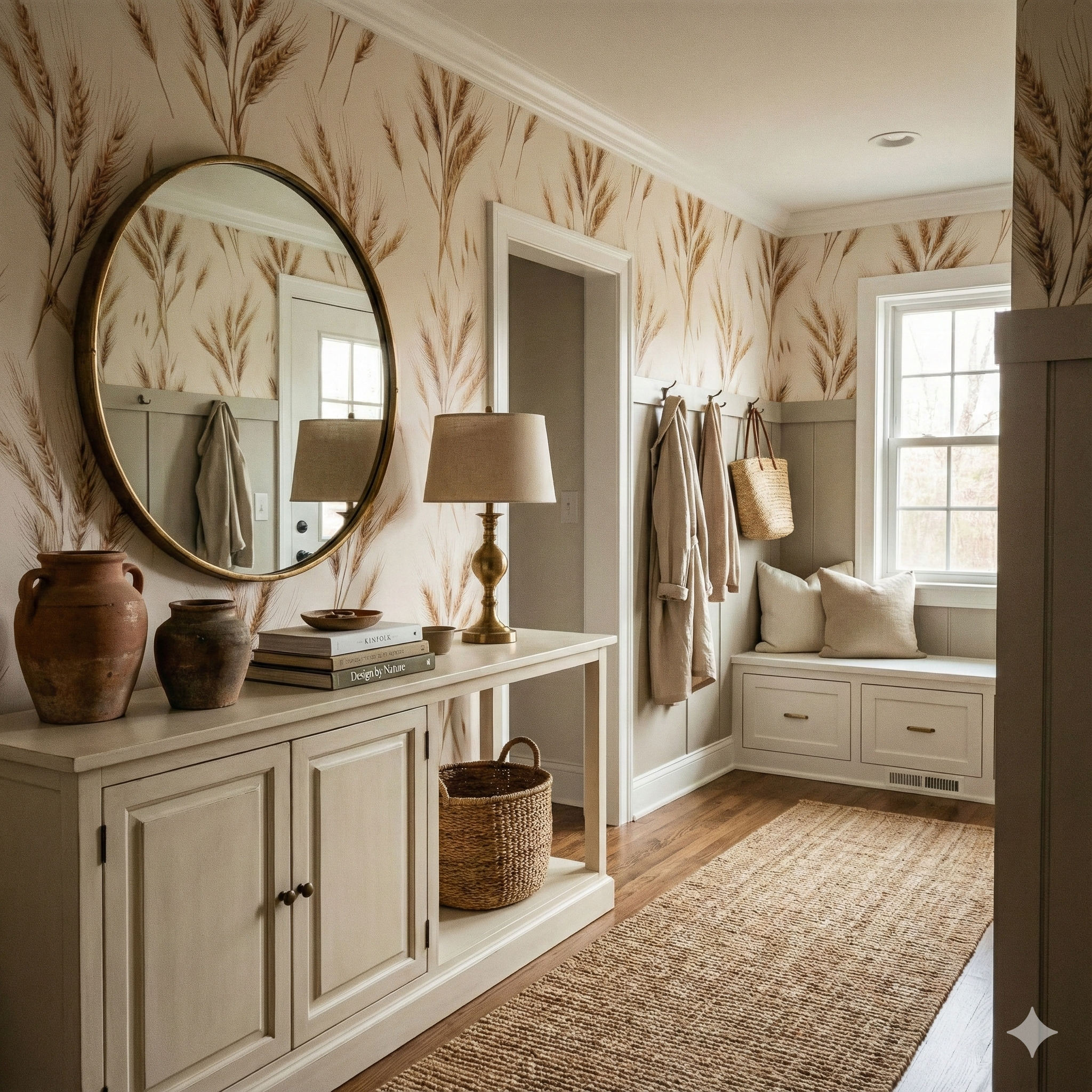 Wheat pattern wallpaper with rye detailing, and a round mirror above a white cabinet.