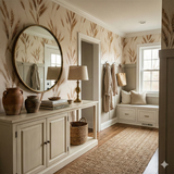 Wheat pattern wallpaper with rye detailing, and a round mirror above a white cabinet.