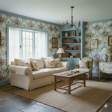 Floral Jardin du Ciel Wallpaper with floral pattern, texture on the wall in a furnished living room setting.