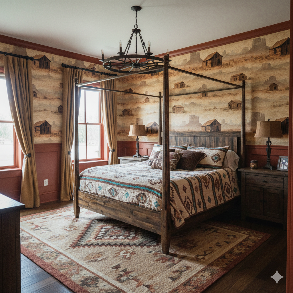 Monument Hollow wallpaper with a western landscape scene pattern, styled in a bedroom with a four-poster bed and Southwestern-inspired rug.
