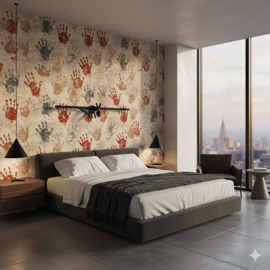 The Blood of the Ancestors wallpaper, patterned with handprints on a textured wall.