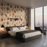 The Blood of the Ancestors wallpaper, patterned with handprints on a textured wall.