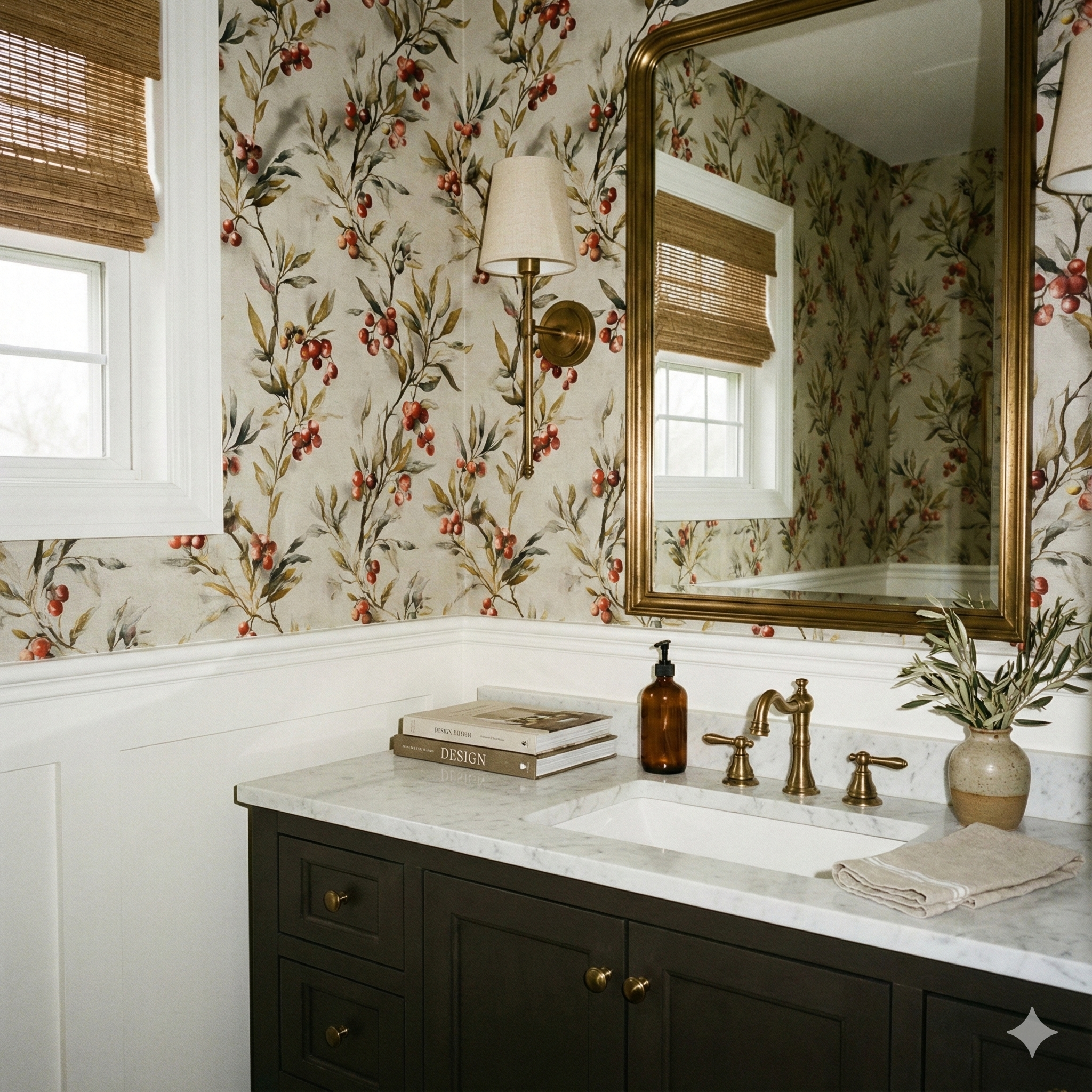 Patterned Hearthberry Wreathstone Wallpaper with botanical accents, featuring a beige background and reddish berries.
