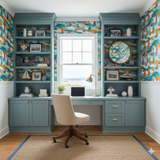Patterned Côte Solaire Wallpaper with sailboat design, styled in a nautical-themed office.
