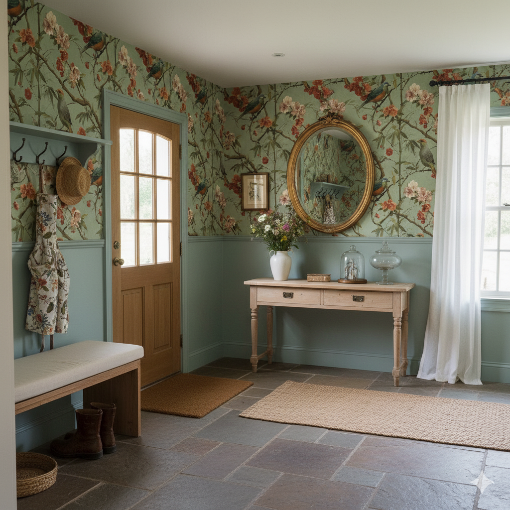 Floral wallpaper with bird pattern, by Sanderson, in a traditional entryway with natural light.