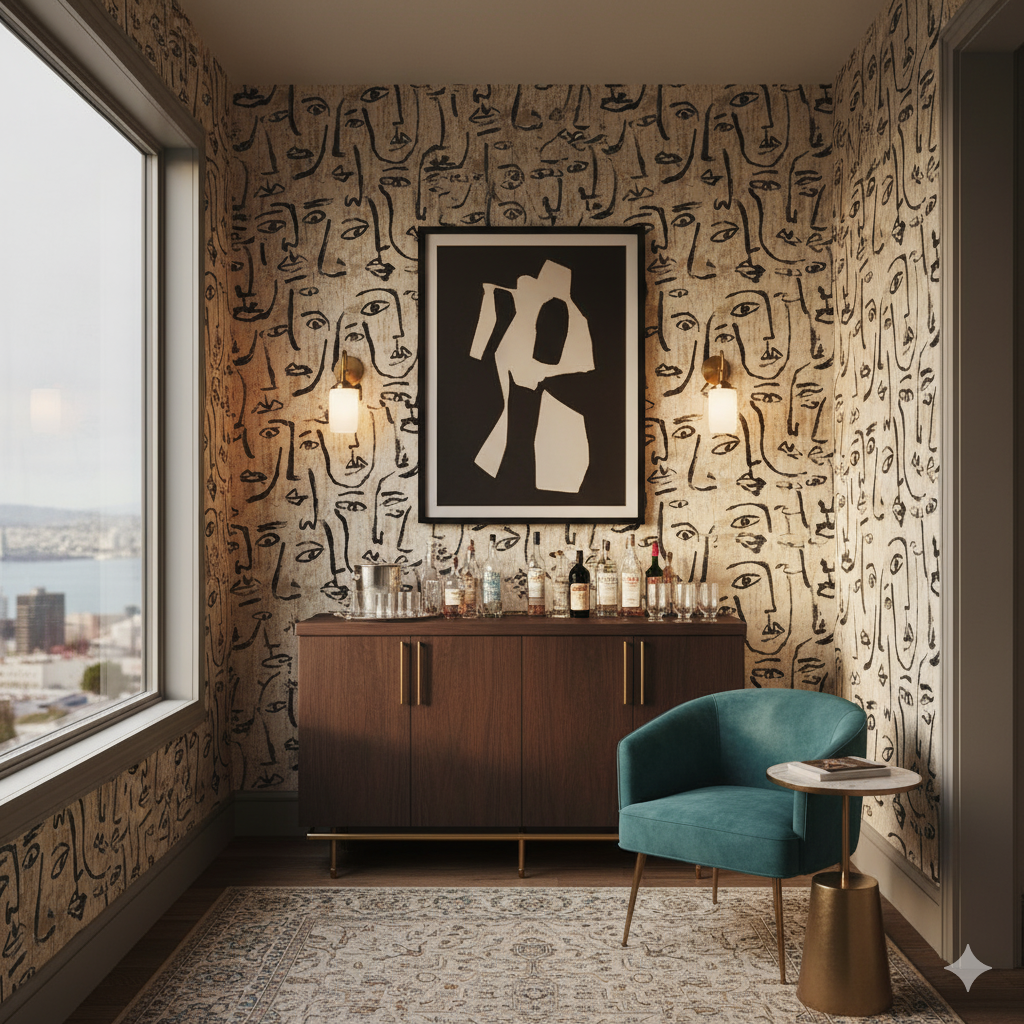 Atelier Faces Wallpaper with illustrated face pattern and tan background.
