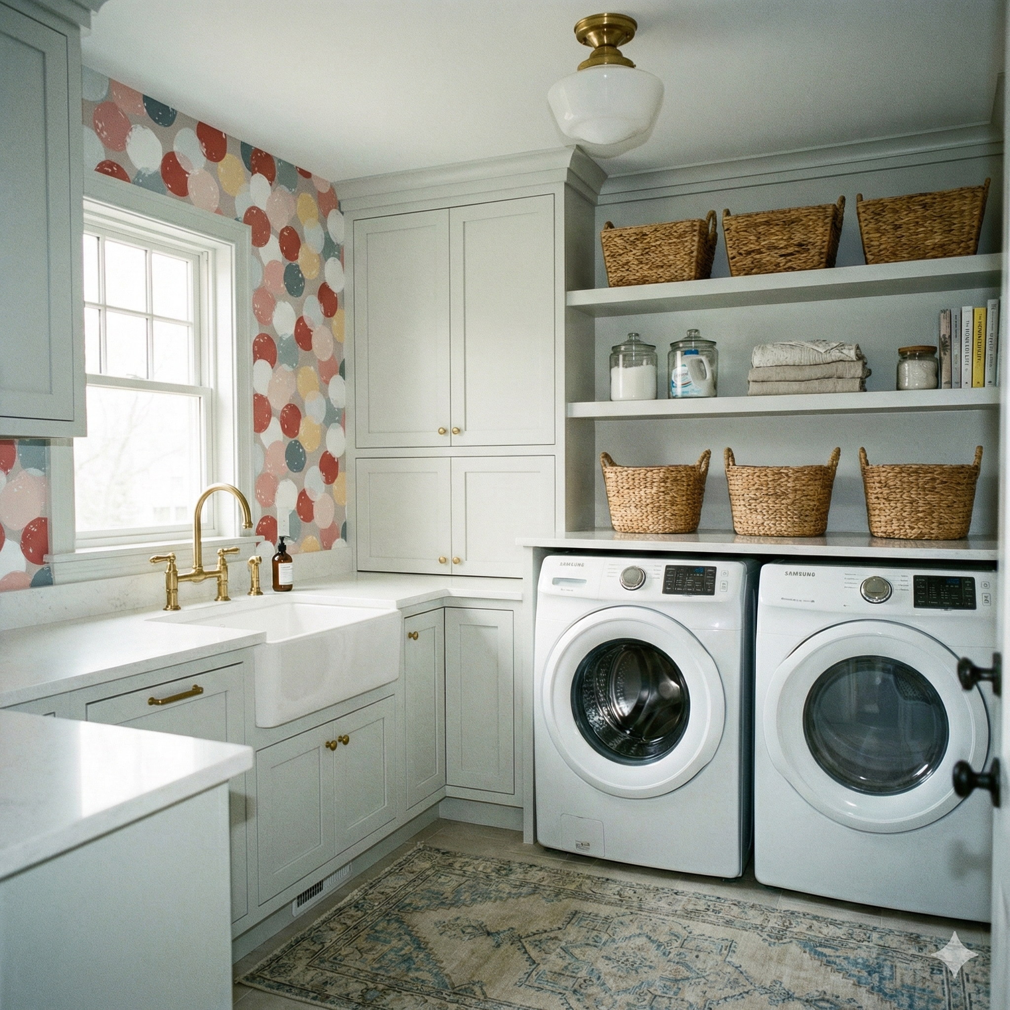 Pastel orb wallpaper with colorful dot pattern, styled in a laundry room.