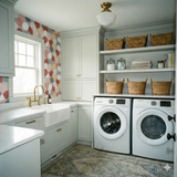 Pastel orb wallpaper with colorful dot pattern, styled in a laundry room.