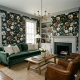 Floral Softwood Bloom Wallpaper with a dark background, featuring a pattern of blossoming botanicals.