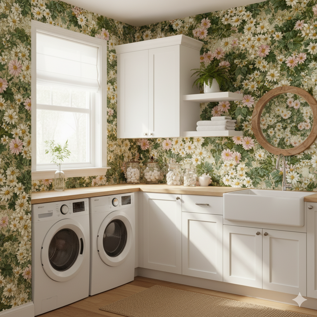 Floral Marigold Meadow Wallpaper with daisy pattern, and leafy green background.
