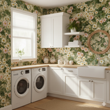 Floral Marigold Meadow Wallpaper with daisy pattern, and leafy green background.
