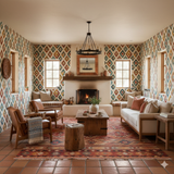 Colorful diamond pattern wallpaper with geometric shapes by Sonora, brightening up a cozy living room with fireplace.
