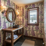 Foxfire Choir wallpaper with purple floral pattern, covering the bathroom walls.
