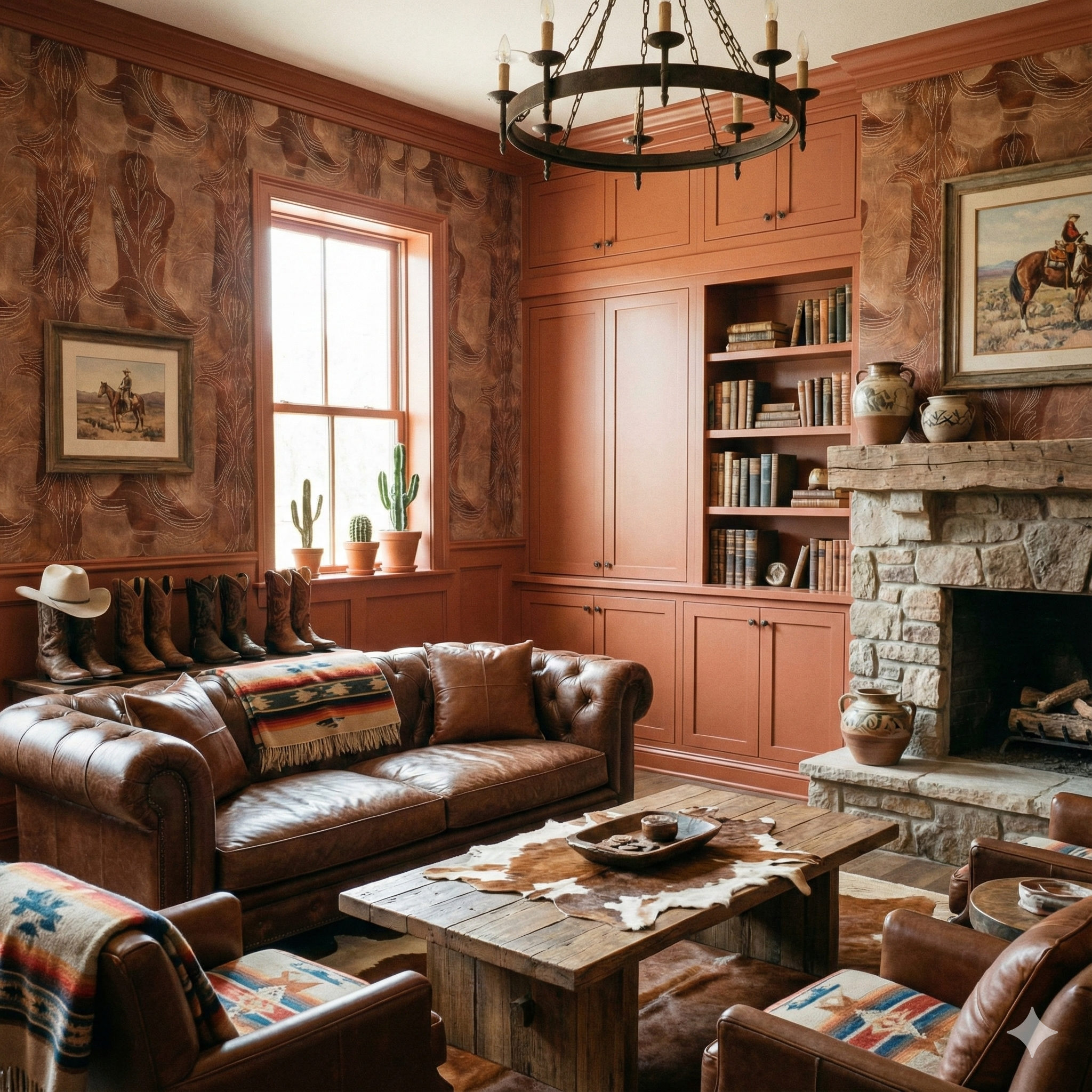 Bootmaker’s Etch wallpaper with cowboy boot pattern, covering a room in warm brown tones.

