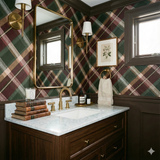 Hunter's Bramble wallpaper with plaid pattern, displayed on bathroom walls with wainscoting and a vintage mirror.
