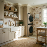 Patterned blush wallpaper with neutral dandelions, from an unknown vendor, in a laundry room with wooden cabinets and shelves.