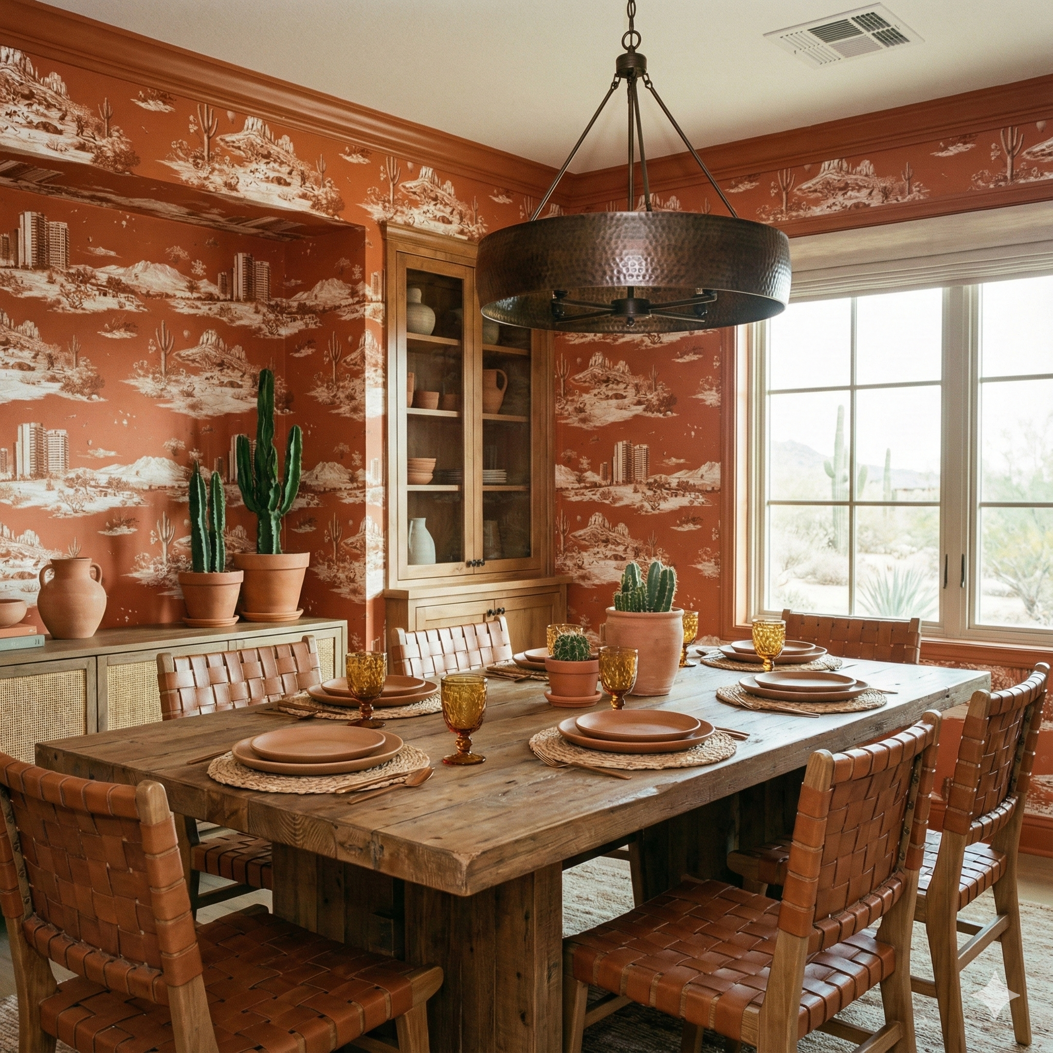 Sonora Vista Chronicle Wallpaper with desert toile pattern and neutral colors, on a dining room wall.
