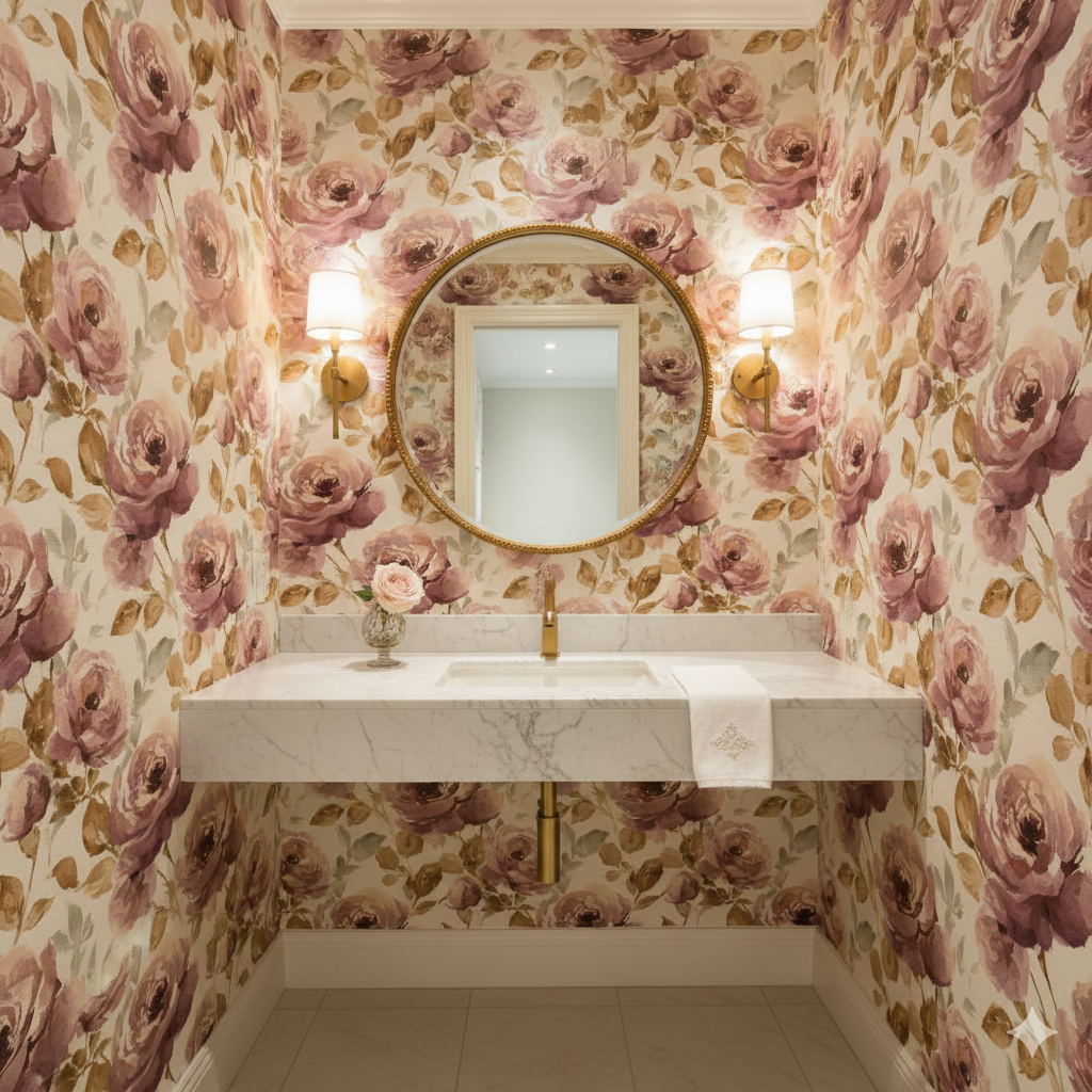 Rose wallpaper in winehouse pattern with floral design, and light fixtures.