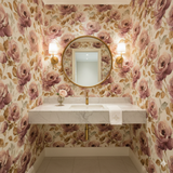 Rose wallpaper in winehouse pattern with floral design, and light fixtures.
