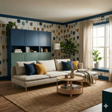 Treetop patterned wallpaper with blue and gold trees on a white background, above a blue painted border.