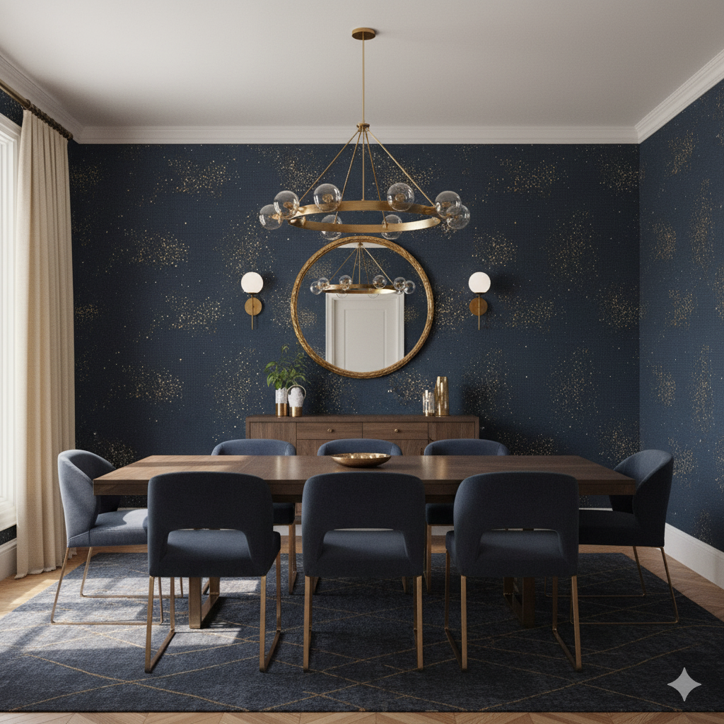 Celestial Veil Wallpaper with navy and gold speckled pattern on textured wall