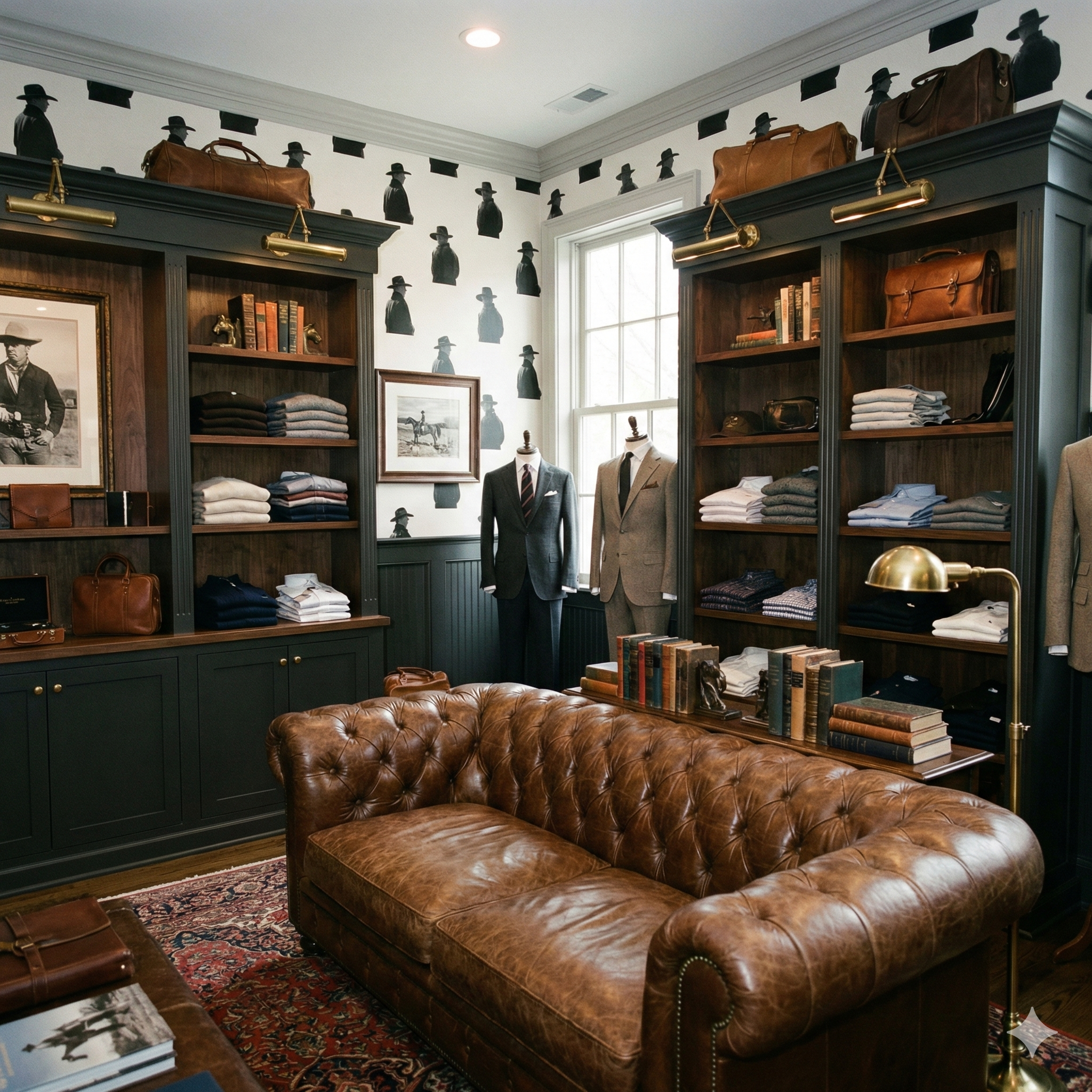 Desert Witness wallpaper with cowboy silhouettes, decorating a study room with clothing and a leather couch.