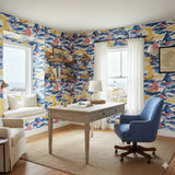 Nautical-themed wallpaper with sailboat pattern on textured background.