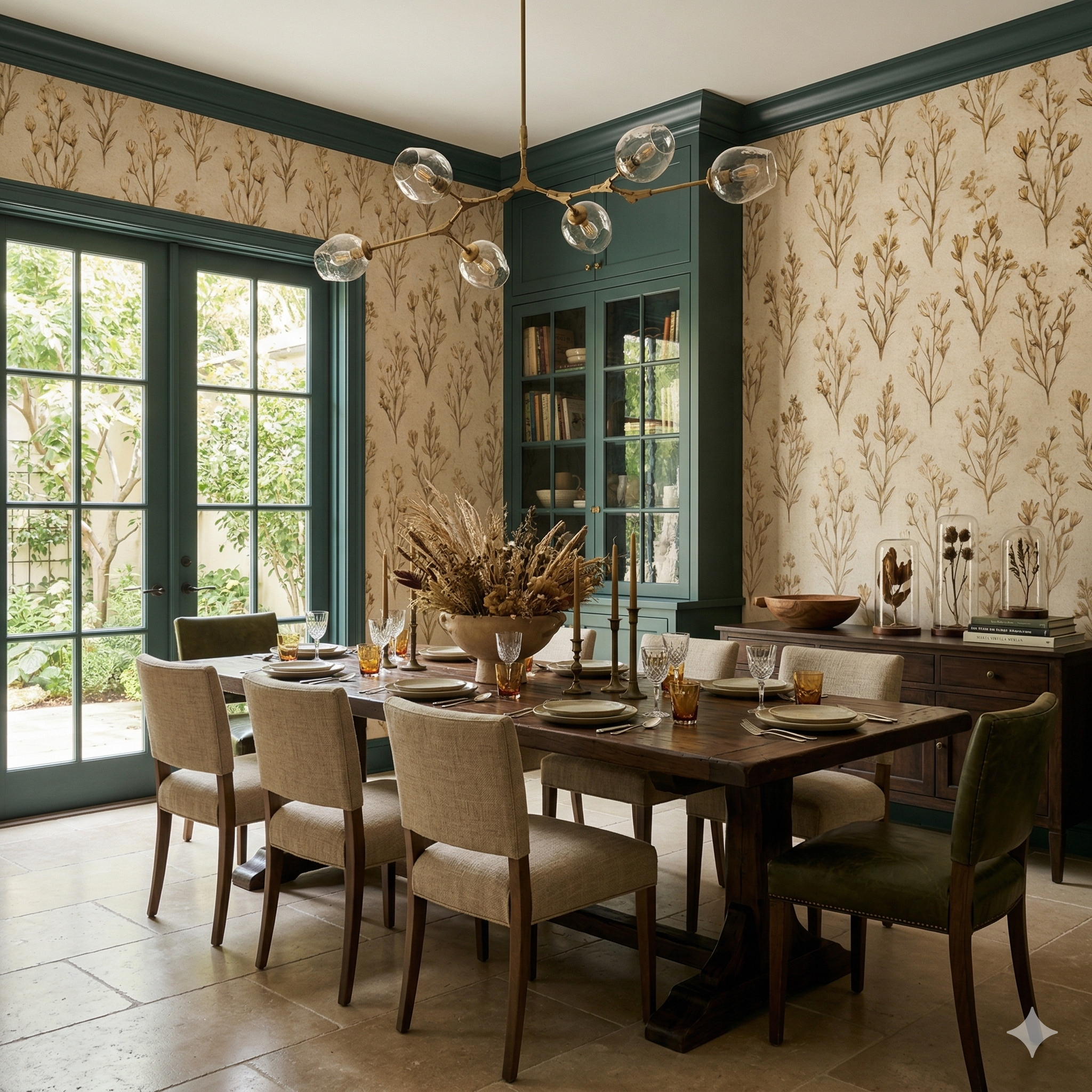 Floral herbarium wallpaper, in beige and brown, with botanical pattern details.
