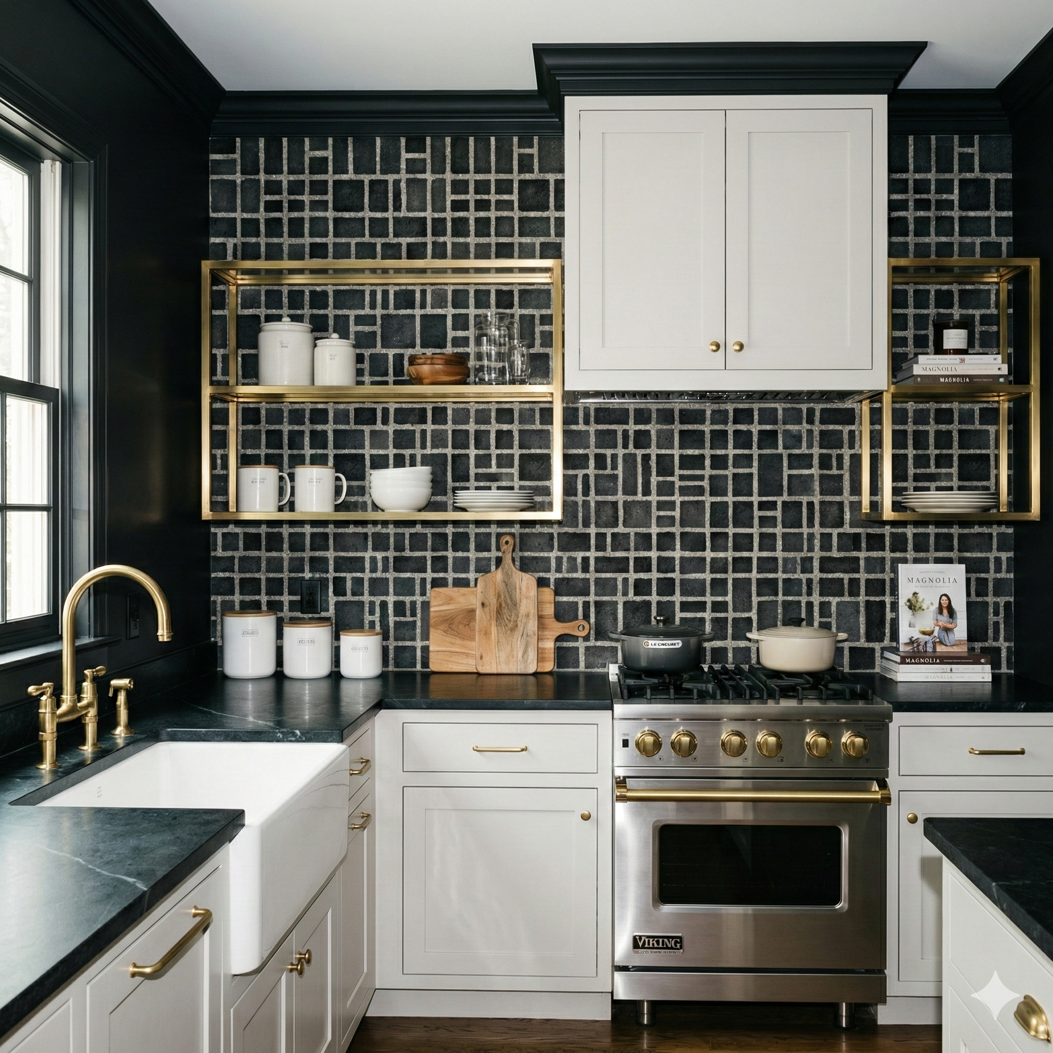 Gridstone Vault Wallpaper with black grid pattern on the kitchen wall, backsplash and gold shelves.
