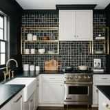 Gridstone Vault Wallpaper with black grid pattern on the kitchen wall, backsplash and gold shelves.