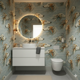 Patterned Windborne Lyra wallpaper with dog motif, over a light blue background.