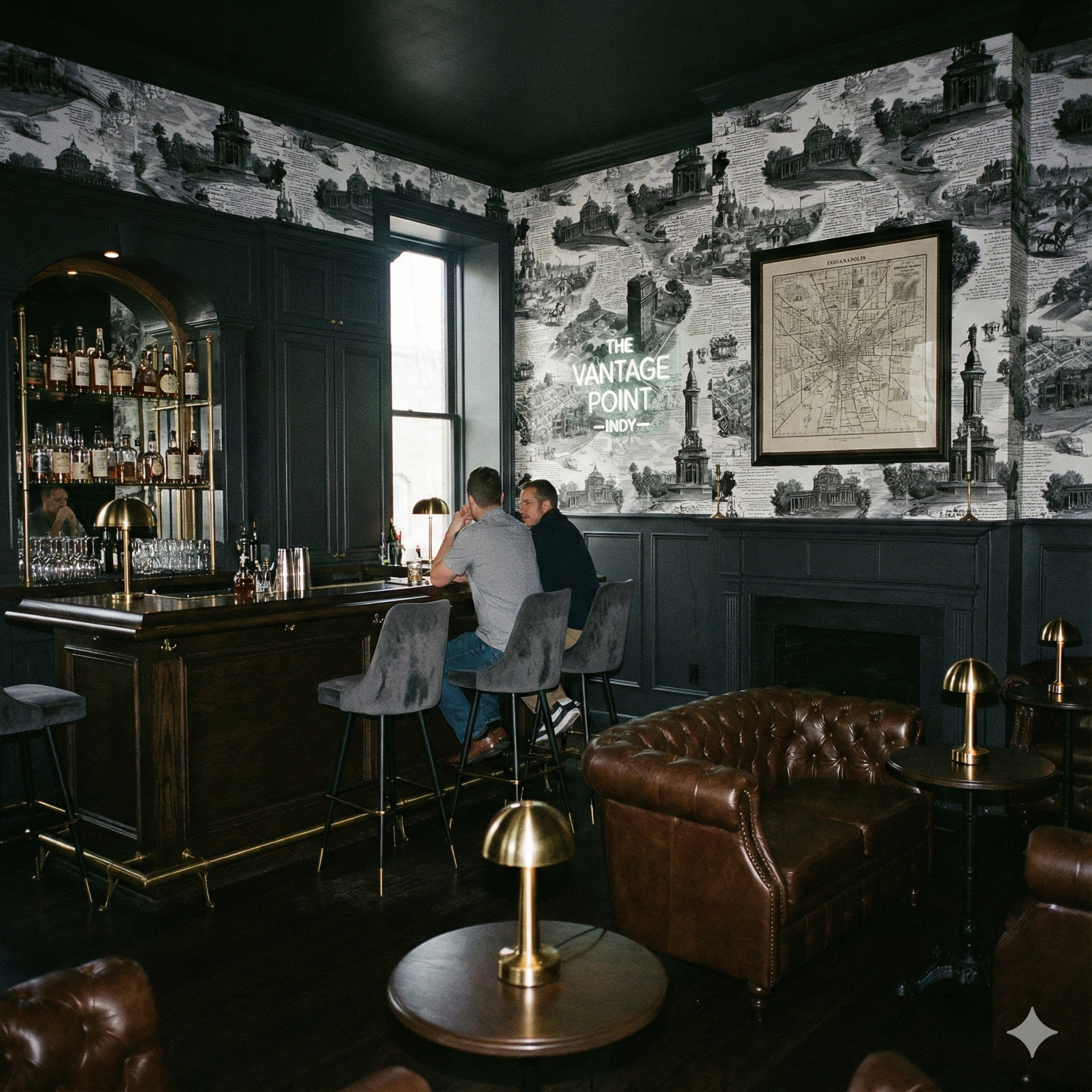 Patterned wallpaper with building illustrations by Meridian Hall, featuring a neutral color palette.