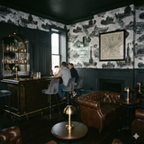 Patterned wallpaper with building illustrations by Meridian Hall, featuring a neutral color palette.