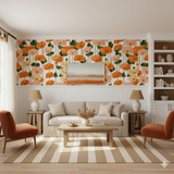 Marabella Poppy Wallpaper featuring orange and peach poppies against a white backdrop.
