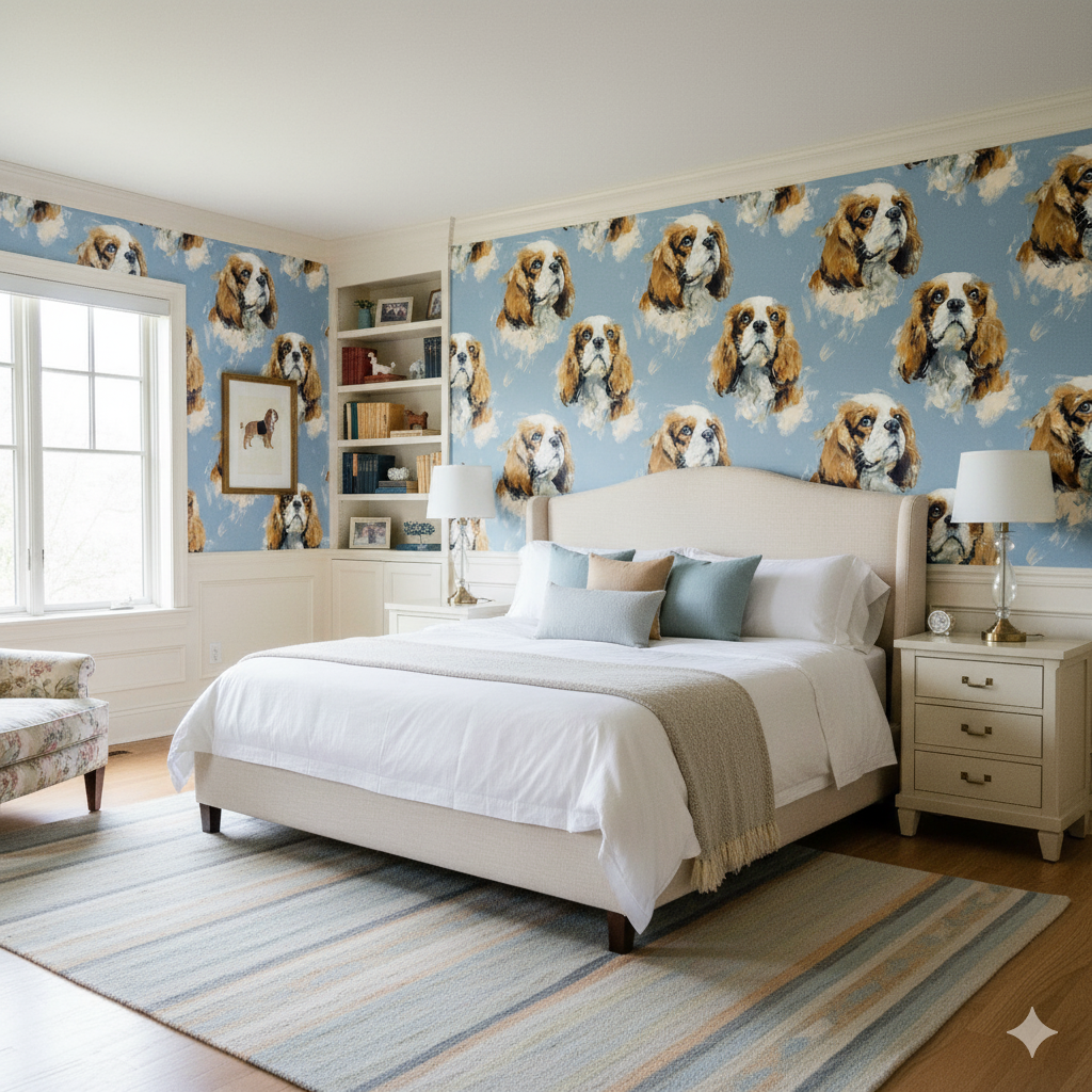 Larkspur blue wallpaper with repeated dog illustrations, patterned with soft brushstrokes.
