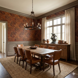 Brown saddle legacy wallpaper with a leather-like texture, covering the upper portion of a dining room.
