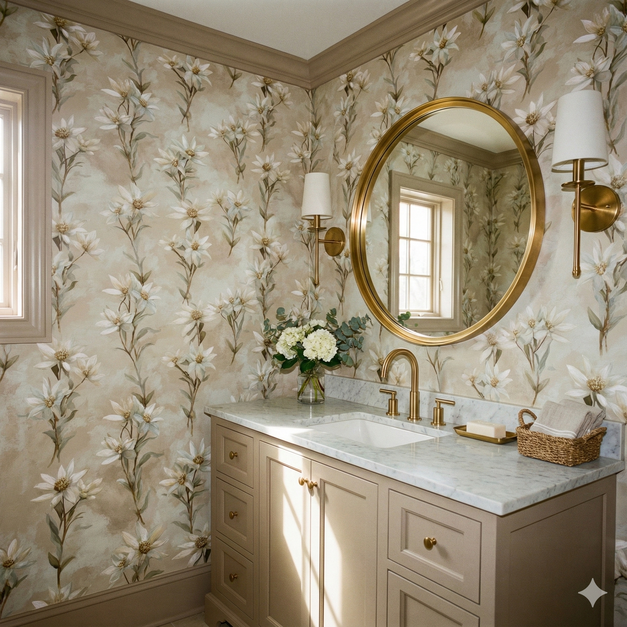 Bloom wallpaper in neutral floral pattern from Edelmark, covering a bathroom wall.