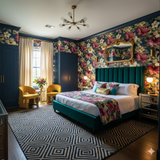 Floral wallpaper in nocturne style with blooming flowers, dark background.