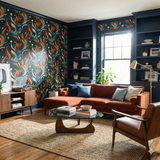 Abstract floral wallpaper with bright accents, a bold pattern covering the wall.