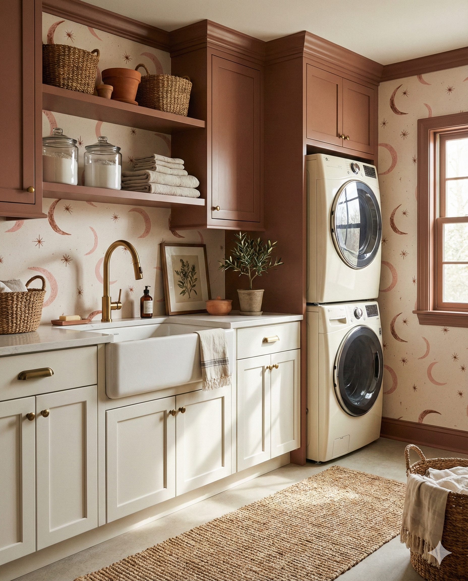 Astral Mesa wallpaper with moon and star pattern, covering laundry room walls.