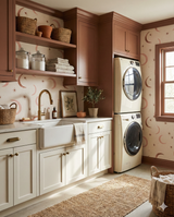 Astral Mesa wallpaper with moon and star pattern, covering laundry room walls.